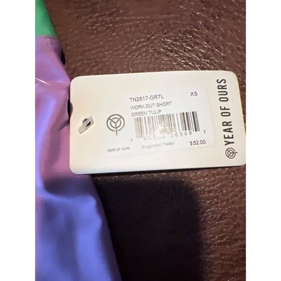 Year Of Ours XS Workout Shorts Green Tulip Purple Panels High Waist Stretch Acti - Picture 5 of 8